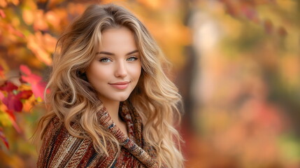 Naklejka premium Beautiful young woman with long wavy blonde hair in autumn forest. Banner with copy space