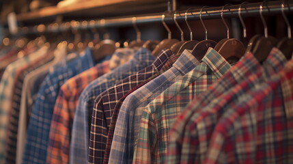Variety of colorful plaid and checkered flannel shirts hanging on rack in clothing store, autumn fashion trends