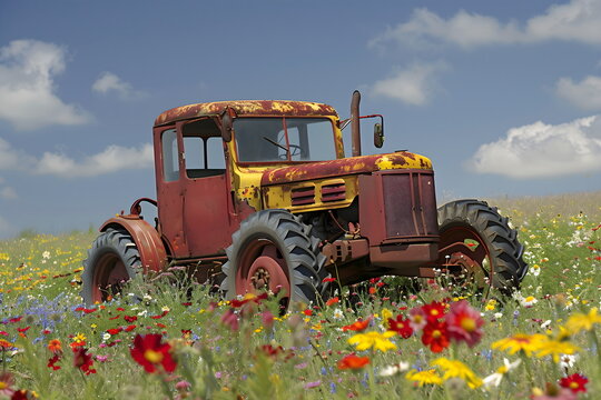 Old rusty tractor in blooming wildflower meadow with poppies under blue sky, depicting rural countryside scene in summer or early autumn