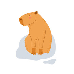 Capybara. Cute Animal is sitting on rocky area isolated on white background. Adorable lovely sweet animal. Design for children, print, nursery. Cute cartoon character. Hydrochoerus hydrochaeris.