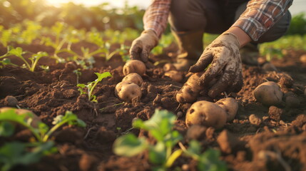 Hands digging fresh potatoes from soil in garden, autumn harvest and organic farming