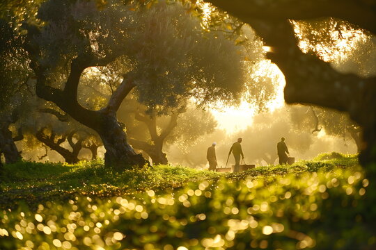 Silhouettes of people harvesting olives in golden sunlight, traditional autumn scene in olive grove