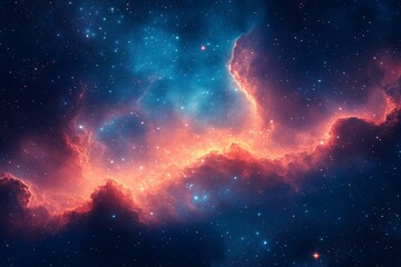 Fototapeta premium A vibrant cosmic nebula shines in deep space, displaying hues of blue and orange with countless stars scattered throughout the galaxy