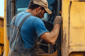 Worker repairing heavy machinery at construction site, closeup view of hands in gloves adjusting equipment on yellow vehicle in industrial setting