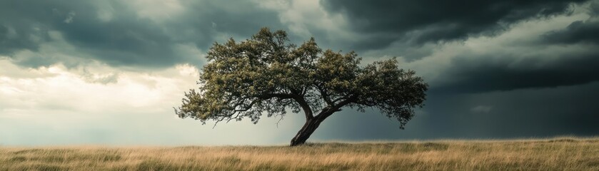 Fototapeta premium A Single Tree Stands Tall Against a Dramatic Stormy Sky