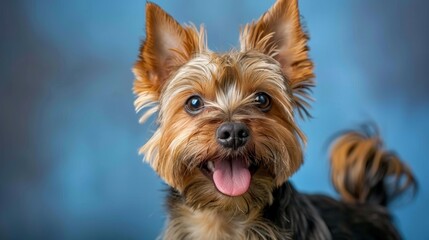Adorable Yorkshire Terrier Dog Portrait Playful Pup with Tongue Out on Blue Background