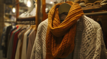 Fototapeta premium Cozy autumn knitwear display in clothing store with warm-toned sweaters and scarves, fall fashion retail concept