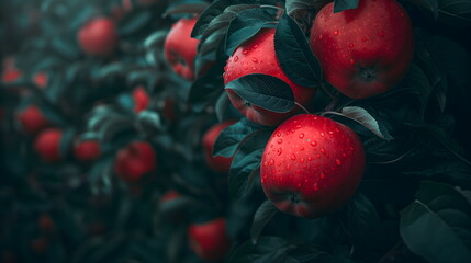 Obraz premium Close-up of vibrant red apples on tree branch with dark green leaves, fresh fruit ready for harvest