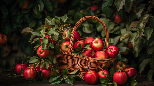 Freshly picked red apples in rustic wicker basket surrounded by leaves and fruits on dark background, autumn harvest