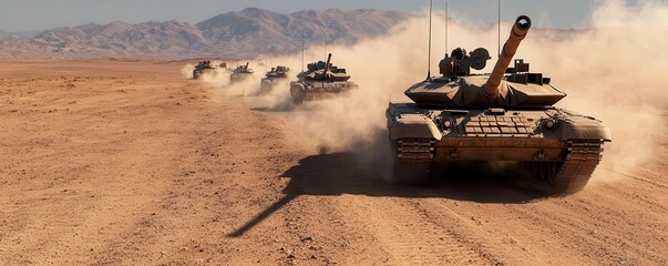 A tank leading a formation of vehicles down a desert road, kicking up clouds of dust, photo-realistic, convoy operations in hostile terrain