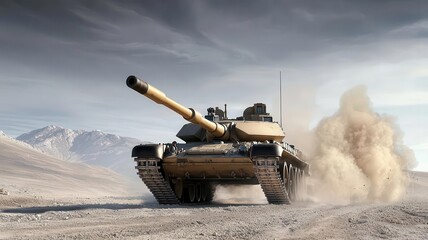 Detailed shot of a tank in the middle of a firing drill, with the barrel recoiling and dust flying up from the ground, photo-realistic, live-fire exercise