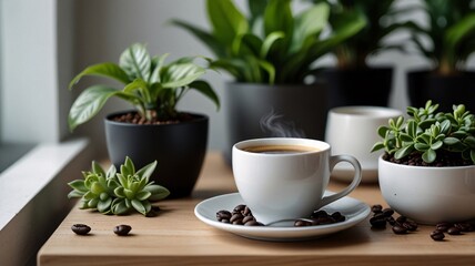 coffee plant pot room, shop decoration, white, gray, black tones, desktop, background image.