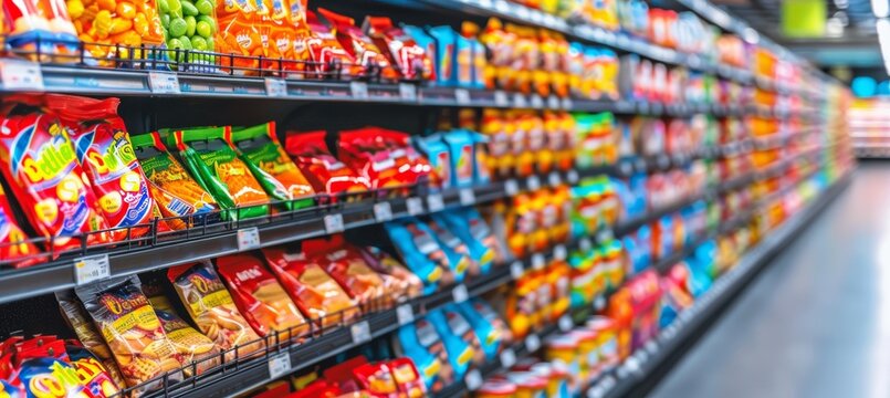 Aisle in a Supermarket, Variety of Snacks on Shelves. Selective Focus, Blurred Background.