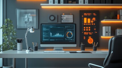 Smart Home Office with AI Assistance: An office setup where AI assists with daily tasks and scheduling.