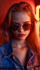 Headshot, Denim Jacket, Beauty Portrait of Stylish, Glam Redhead Teen Girl with Sunglasses,
