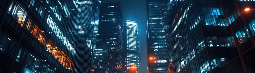 Illuminated Skyscrapers at Night, Cityscape
