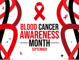 Blood Cancer Awareness Month Background with Red ribbons and typography in the design. September is observed to spread awareness about blood cancer.
