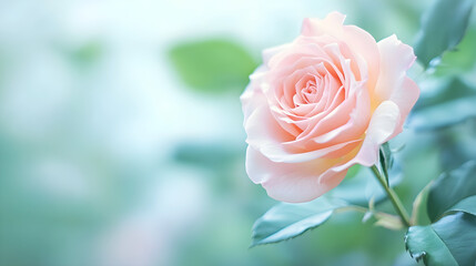 A close-up of a pink rose in full bloom surrounded by soft green hues showcasing its delicate petals and vibrant beauty