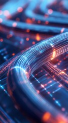 A 3D rendered loop of fiber optic cables glowing and transmitting data across a network, with pulses of light traveling along the cables in sync