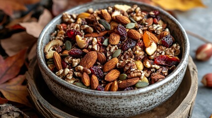 A platter of dark brown, spiced nuts and seeds mixed with dried autumn fruits, served in a rustic bowl with a backdrop of fallen leaves