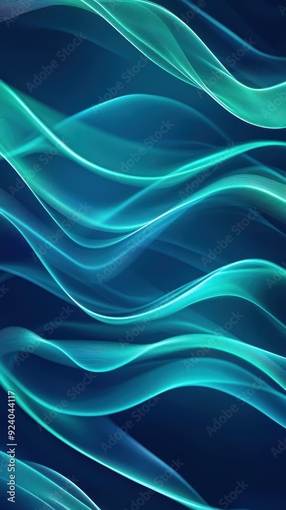 Poster a 2d animation of pulsating blue and green waves of light moving rhythmically across the screen, evo
