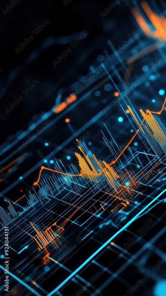 Poster a seamless 2d animation of abstract financial graphs and charts fluctuating in sync, with lines and 