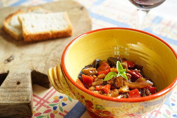 Homemade Sicilian caponata made with Italian eggplant and red peppers	