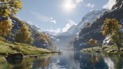 Fototapeta premium a mountain valley with trees and water
