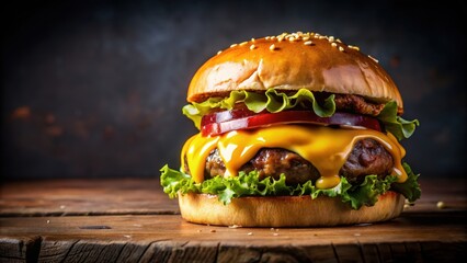 Exquisite cheeseburger masterpiece with sauce drizzle and perfectly aligned layers , cheeseburger, masterpiece, sauce