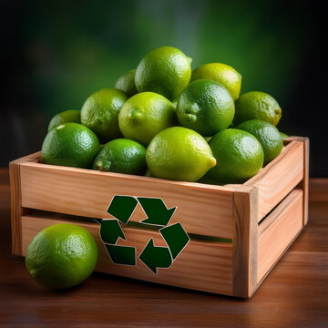 fresh lamens in a wooden crate with a recycling symbol