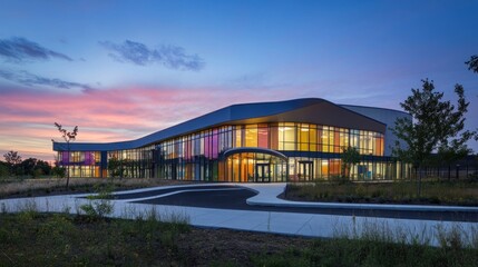 Obraz premium Modern School Building with Colorful Windows at Dusk