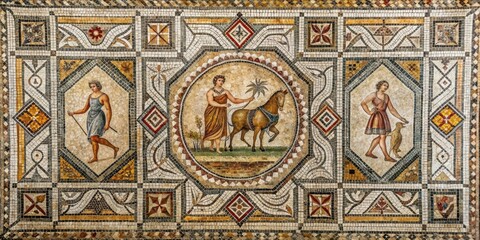Roman ancient mosaic tiles depicting intricate geometric patterns and mythological scenes, Roman, ancient, mosaic