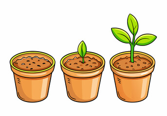 Flowerpot with potting soil, sprout and green plant isolated. Gardening, seedling growth