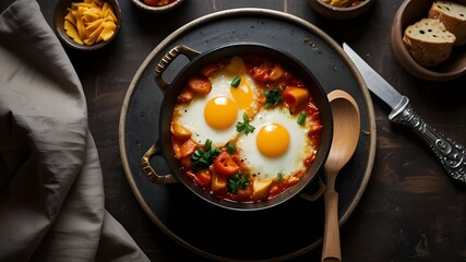 Shakshuka food photos from above, in the opulent Michelin kitchen style with studio lighting.