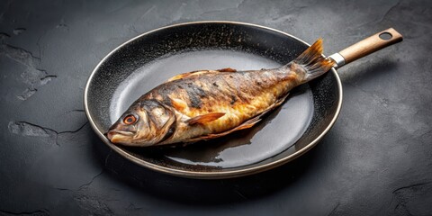 Burned piece of fish in a blackened frying pan , cooking, meal failure, burned, black, fish, frying pan, mistake