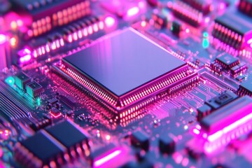Obraz premium A detailed view of a neuronal AI brain chip illuminated with colorful lights