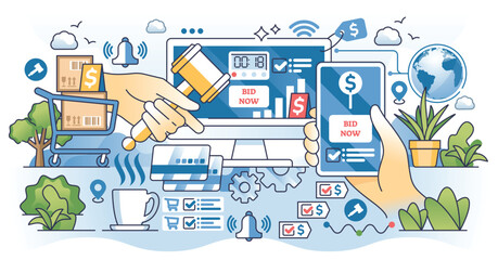 Online auction and digital bid website for purchases outline hands concept. Sale competition with bidding process to sale product for best price vector illustration. E-auction platform on internet.
