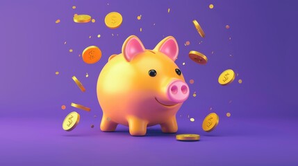 Yellow piggy bank with scattering gold coins on a vibrant purple background., 3D rendering.