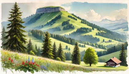 Watercolor of Frienisberg mountain, featuring gentle slopes, lush forests, meadows, and a serene, pastoral landscape.