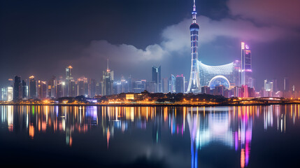 Guangzhou Cityscape at Night: An Electrifying Display of Lights, Architecture, and Urbanity
