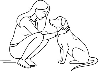 Line Art of Woman Showing Affection to a Dog Companion