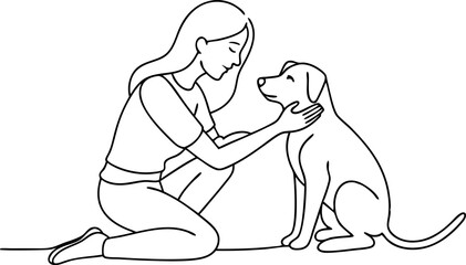 Line Art of a Woman Showing Affection to Her Dog