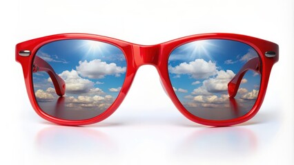 Red sunglasses reflecting sky and clouds isolated on white background, sunglasses, red, sky, clouds, reflection, isolated
