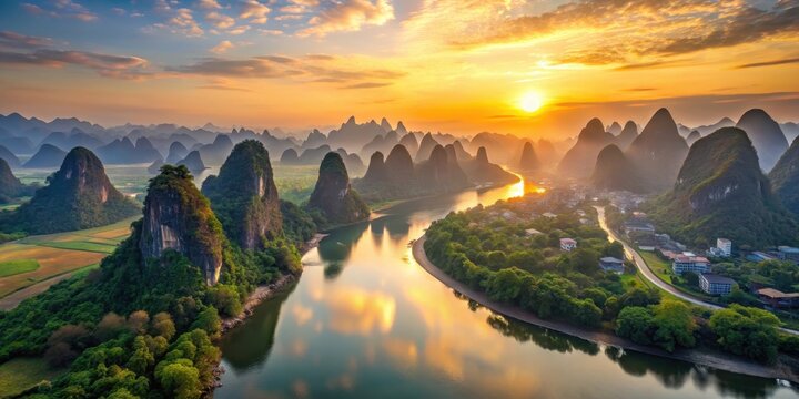 Sunrise landscape of Guilin with Li River and Karst mountains in Xingping , Sunrise, landscape, Guilin, Li River, Karst mountains