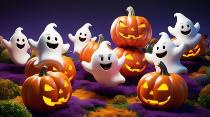 bright halloween scene with animated ghosts and pumpkins