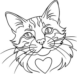 Adorable Cat Line Drawing Illustration with Heart Detail