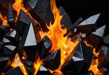 Fototapeta premium Burning flames with shards of rock or glass, fiery orange and yellow colors against a dark background