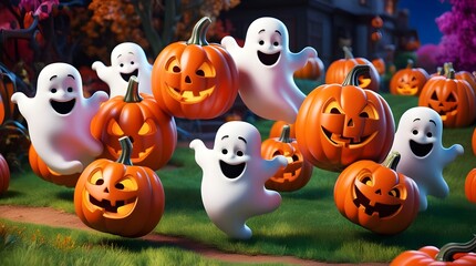 3d halloween animation with cheerful ghosts and pumpkins