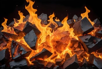 Burning flames with shards of rock or glass, fiery orange and yellow colors against a dark background