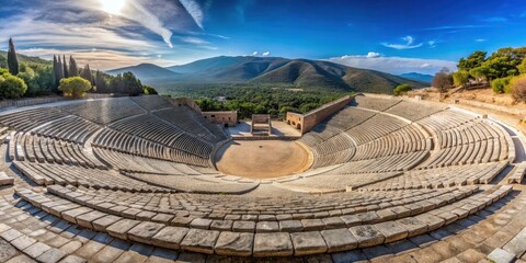 Panoramic view of ancient Greek theater of Epidaurus with exceptional acoustics , Epidaurus, Greece, ancient